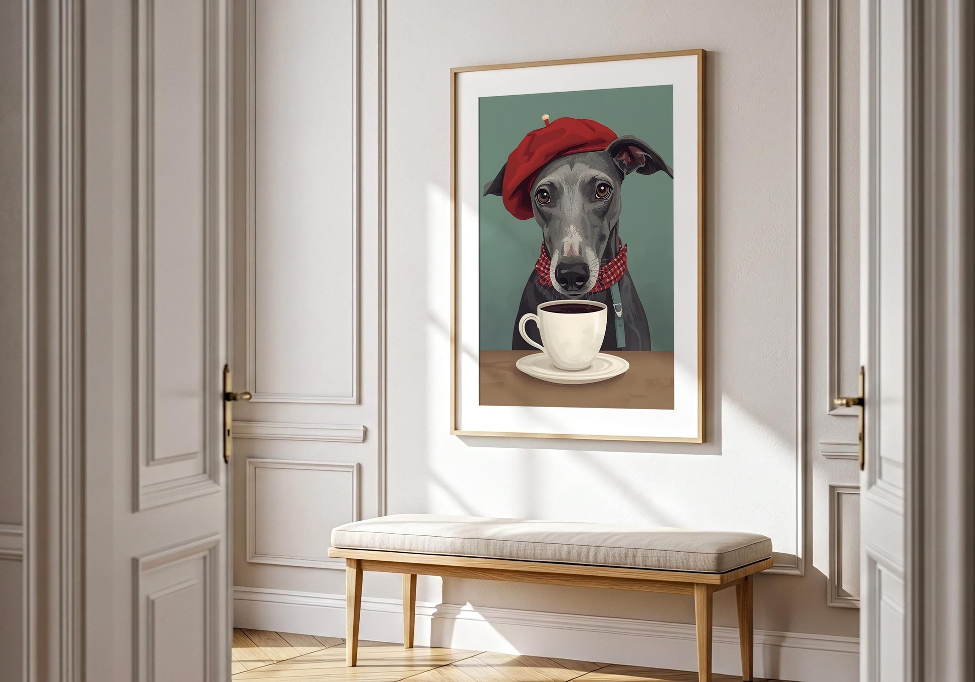 Dog coffee art print for kitchen or cafe decor, quirky pet illustration