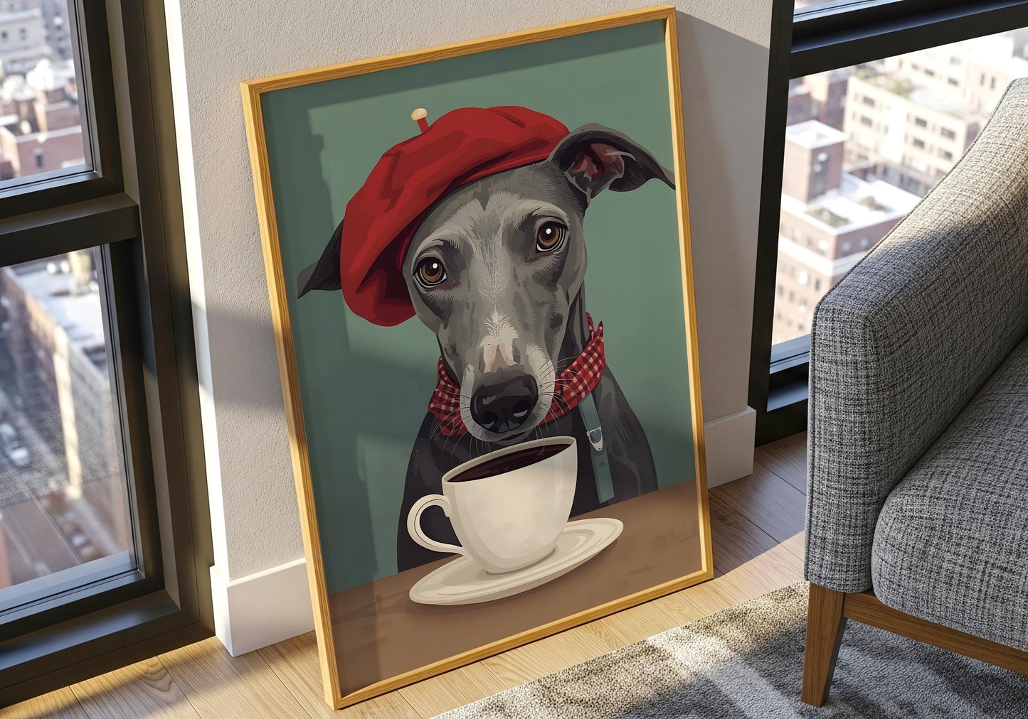 Cute greyhound coffee illustration, aesthetic dog wall art print