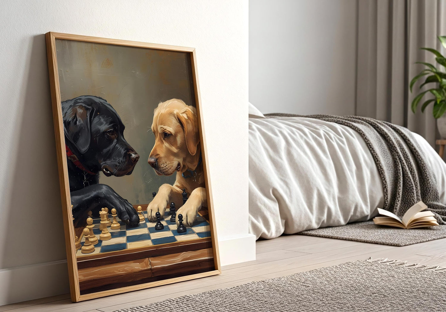 Animal chess artwork with two dogs, playful home decor print