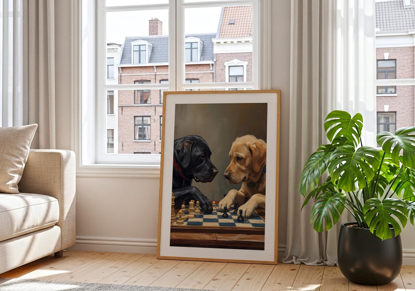 Golden retriever and black lab playing chess, dog lover wall art