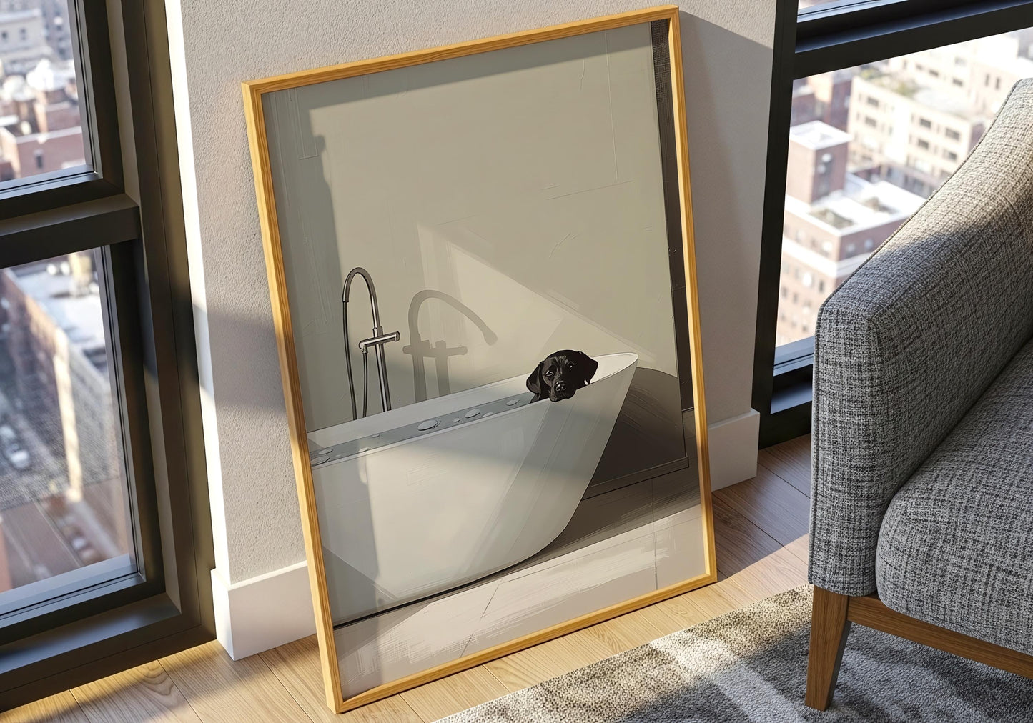 Minimalist dog in bathtub artwork, neutral tone home decor
