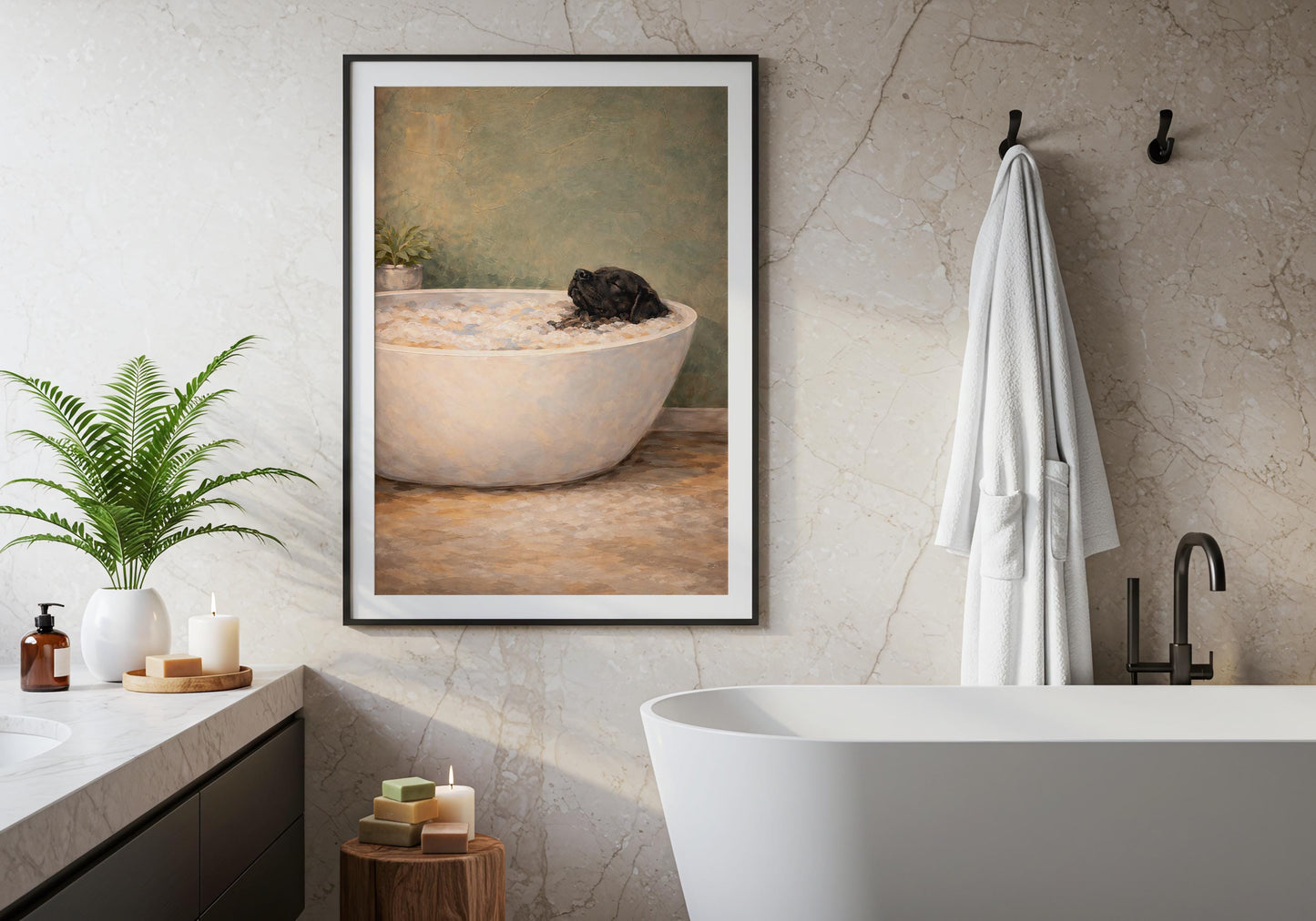 Black lab bath print, cozy minimalist bathroom decor