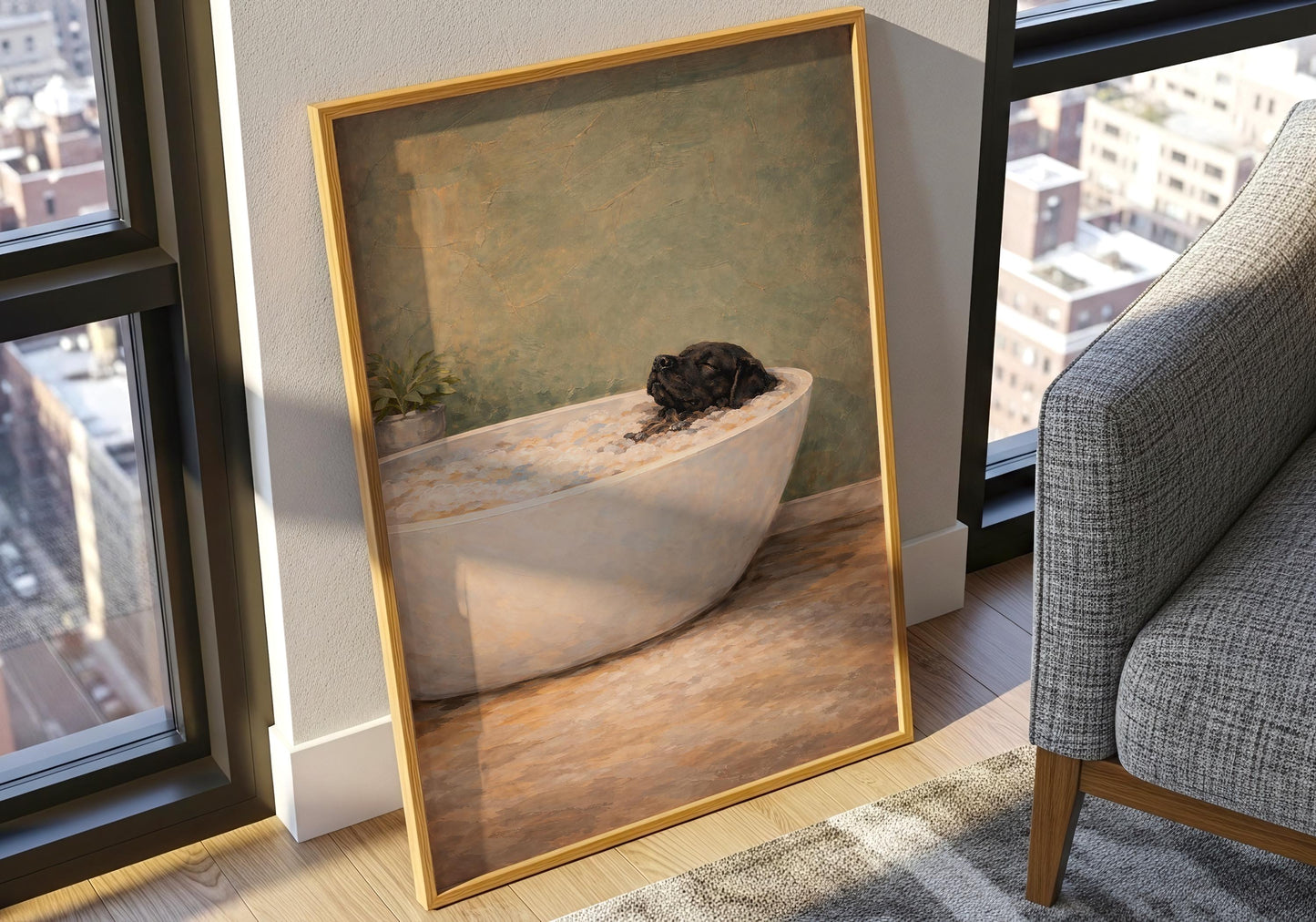Dog in bathtub painting, neutral tone wall art print