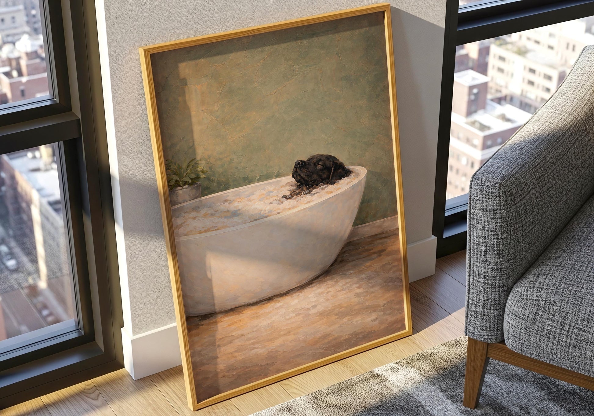 Dog in bathtub painting, neutral tone wall art print