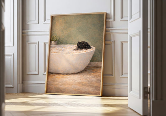 Black labrador in bathtub wall art print, spa bathroom decor
