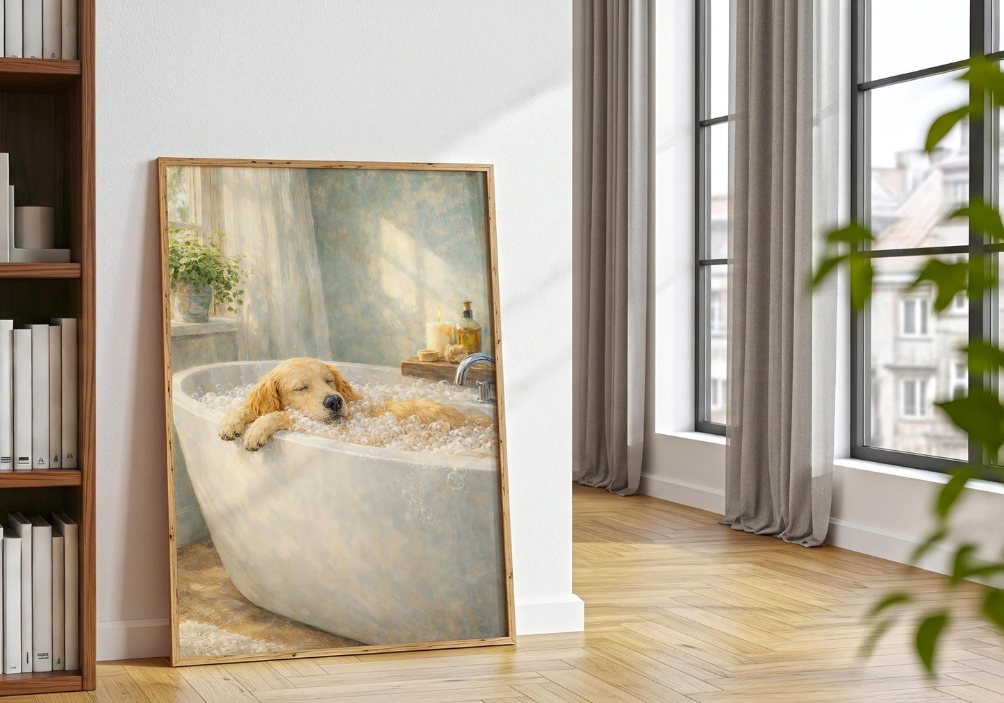 Minimalist dog bath illustration, modern bathroom wall decor