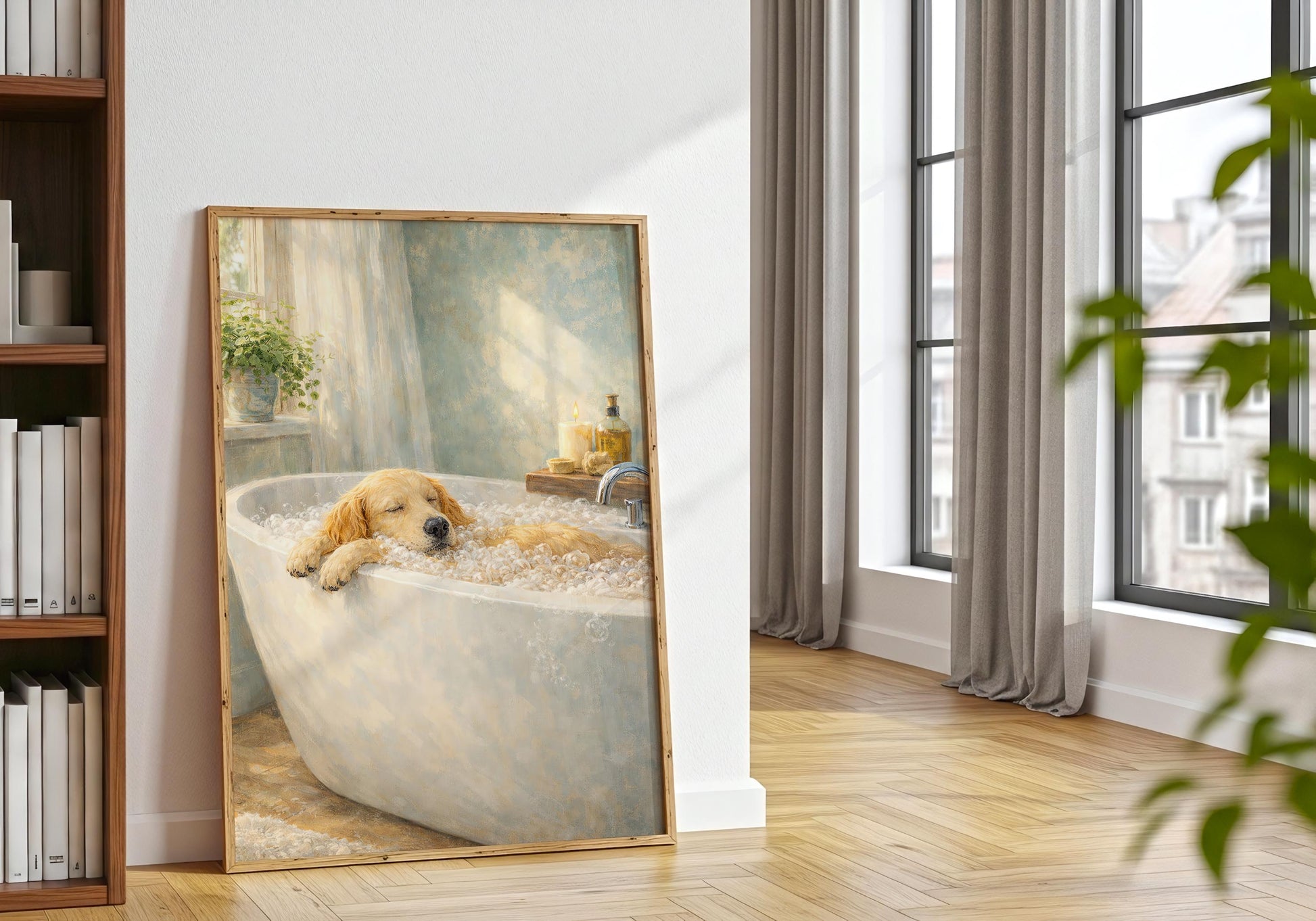 Minimalist dog bath illustration, modern bathroom wall decor