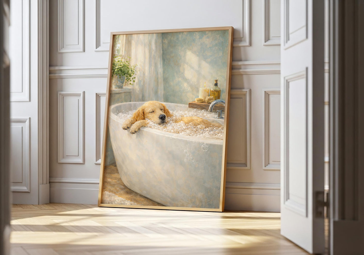 Golden retriever relaxing in bathtub wall art print with bubbles, cozy spa bathroom decor