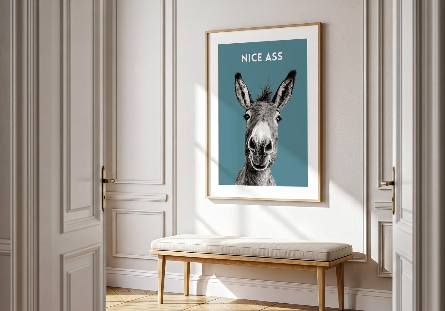 Humorous donkey wall art print for guest bathroom decor