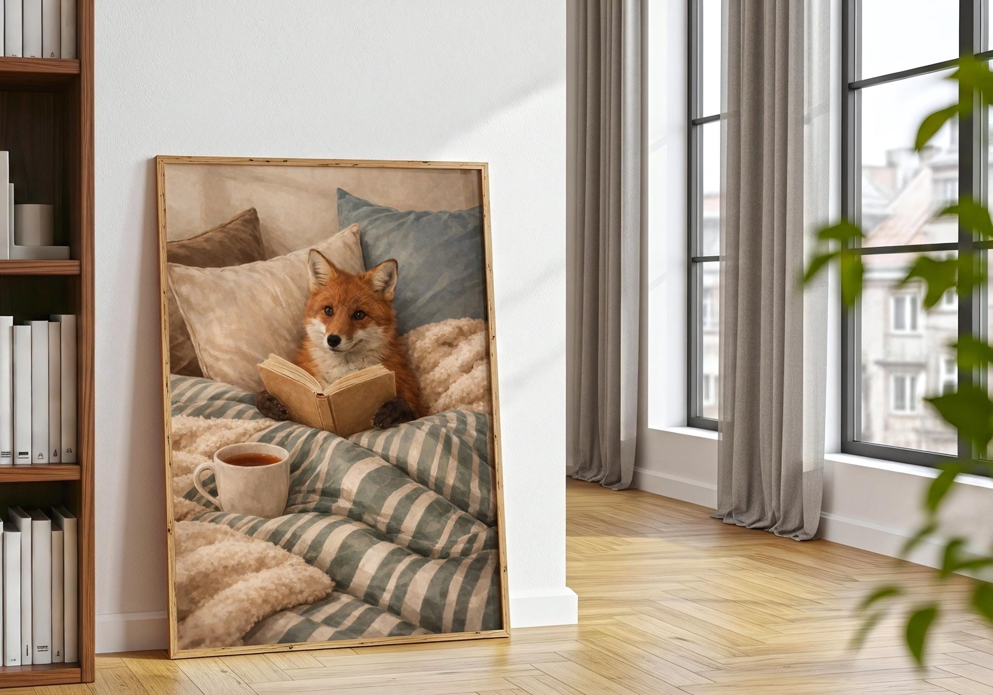 Cozy animal reading wall art fox illustration