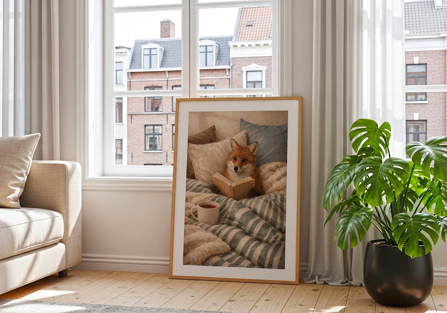Book lover gift fox reading illustration wall decor