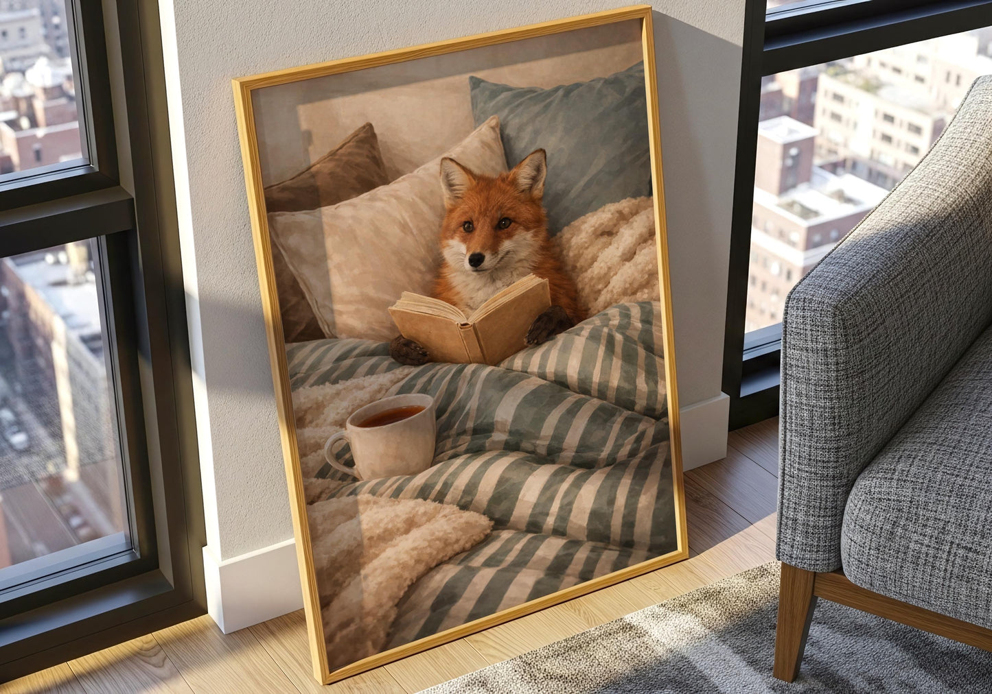 Cottagecore fox wall art reading book aesthetic print