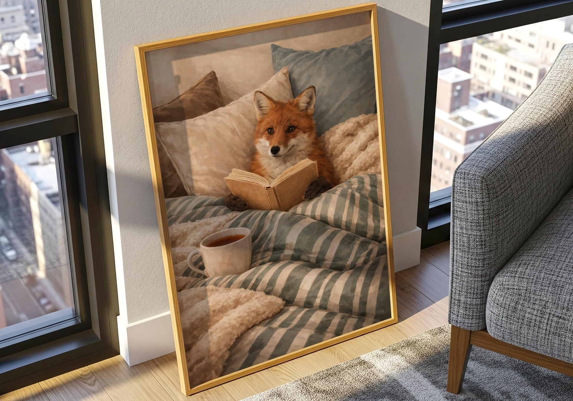 Cottagecore fox wall art reading book aesthetic print