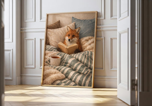 Fox reading book wall art print cozy animal illustration