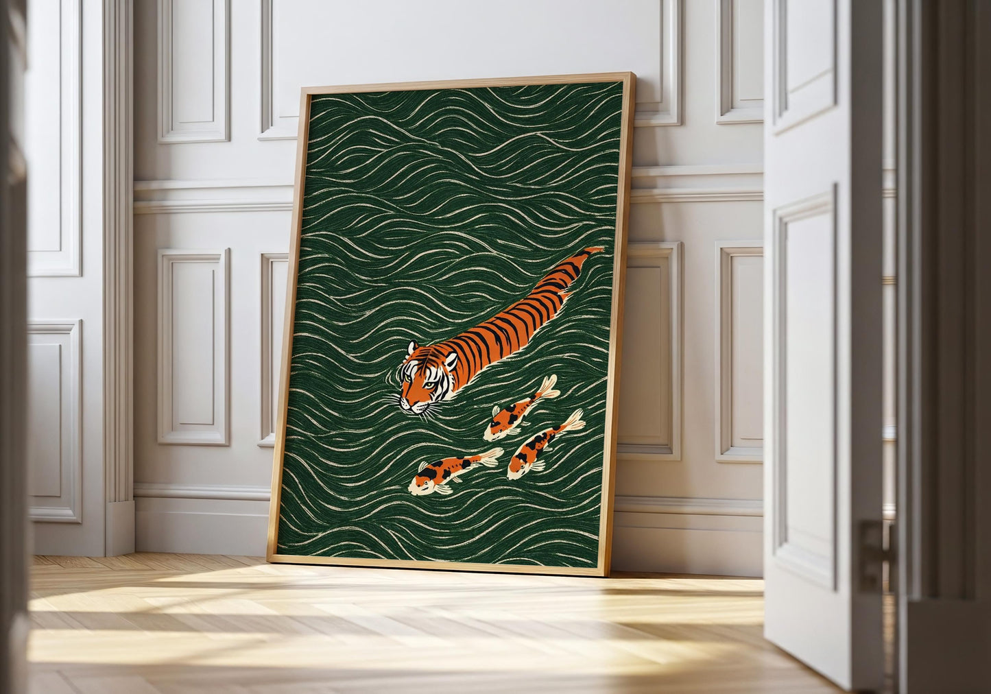 Japanese tiger swimming with koi fish wall art ukiyo e style print