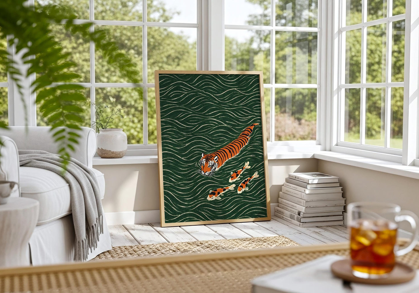 Ukiyo e tiger print with koi fish Asian decor wall art