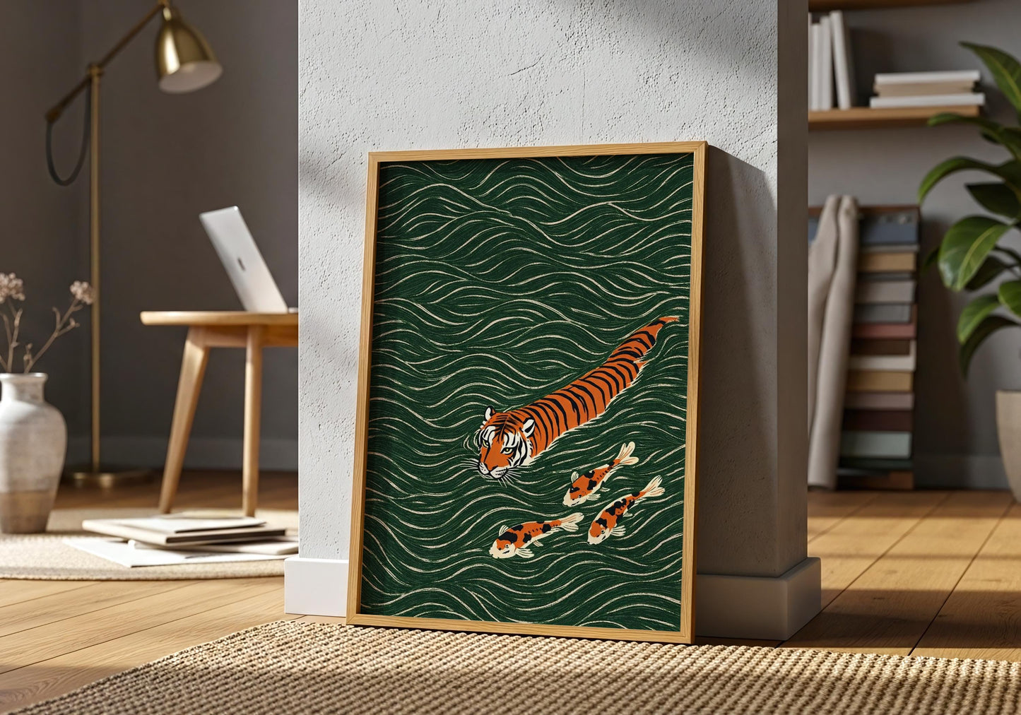 Japanese tiger wall art with koi fish zen aesthetic print