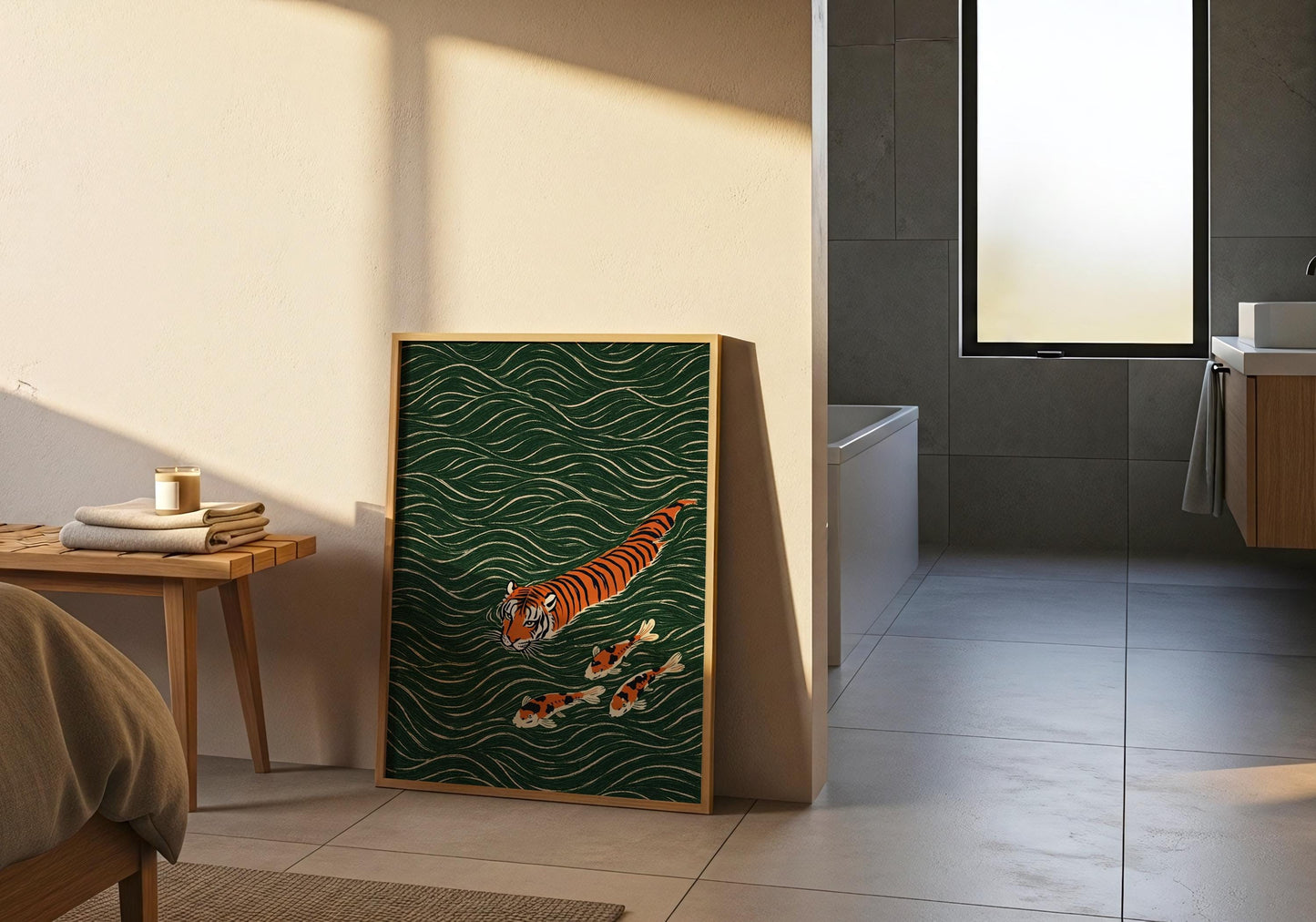 Minimalist Japanese tiger and koi fish poster wall decor