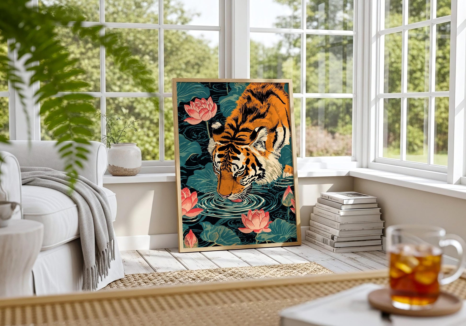 Lotus flower and tiger print colorful Asian wall decor