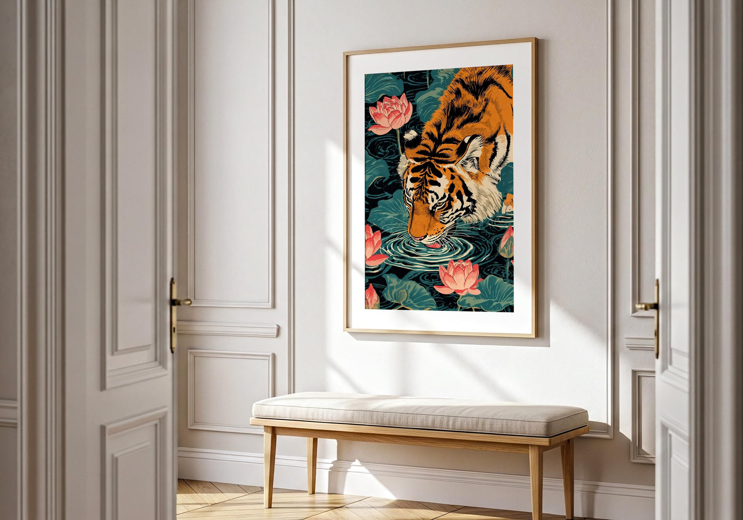 Asian tiger illustration with lotus flowers vibrant wall art