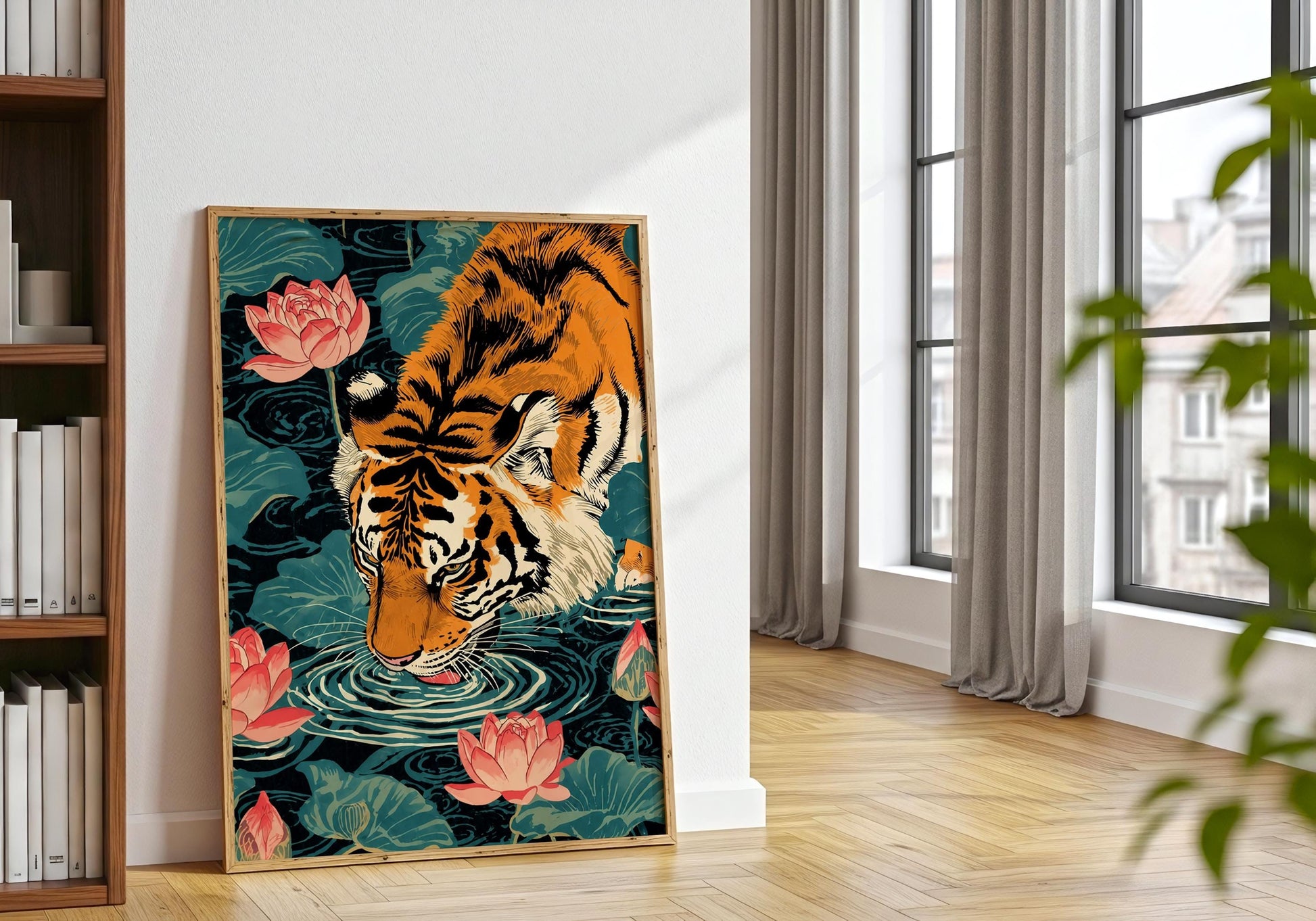 Maximalist tiger poster Japanese style floral wall decor