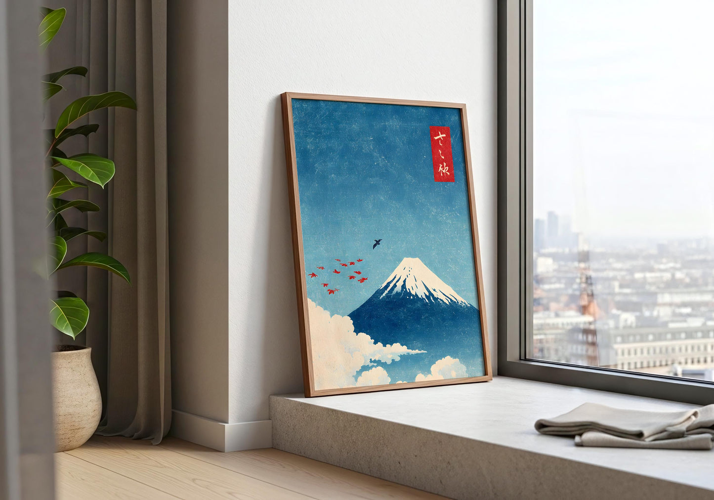 Mount Fuji Print - Japanese Wall Art, Vintage Japan Poster, Minimalist Landscape, Ukiyo-e Style, Zen Decor, Blue Red Sun