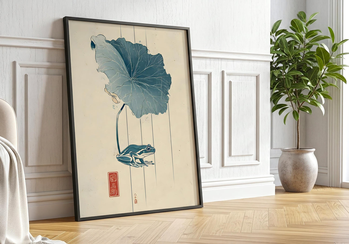 Frog Poster - Japanese Style Wall Art, Minimalist Frog Illustration, Zen Nature Print, Linework Botanical Decor