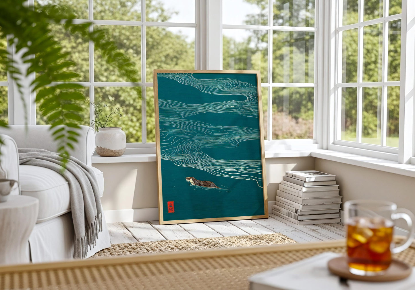 Otter Wall Art - Minimalist Japanese Print - Nature Lovers Gift