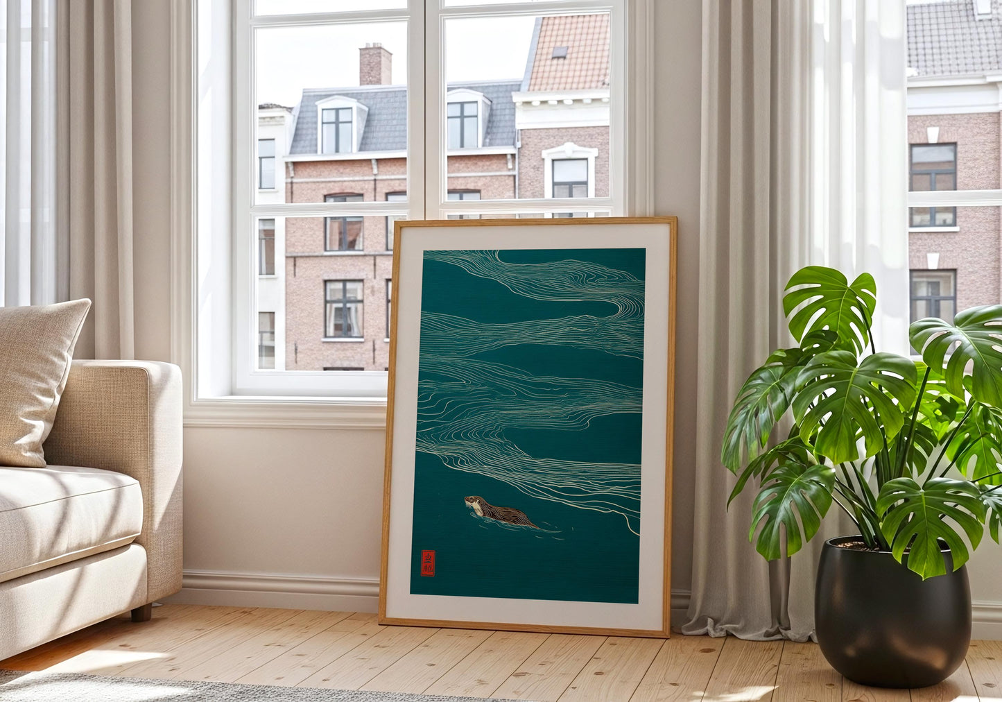 Otter Wall Art - Minimalist Japanese Print - Nature Lovers Gift