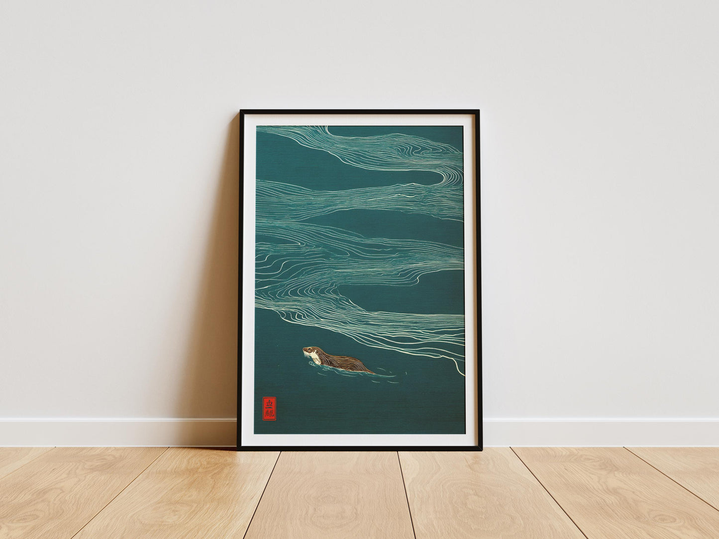 Minimalist otter wall art with flowing water lines on teal background in Japanese style