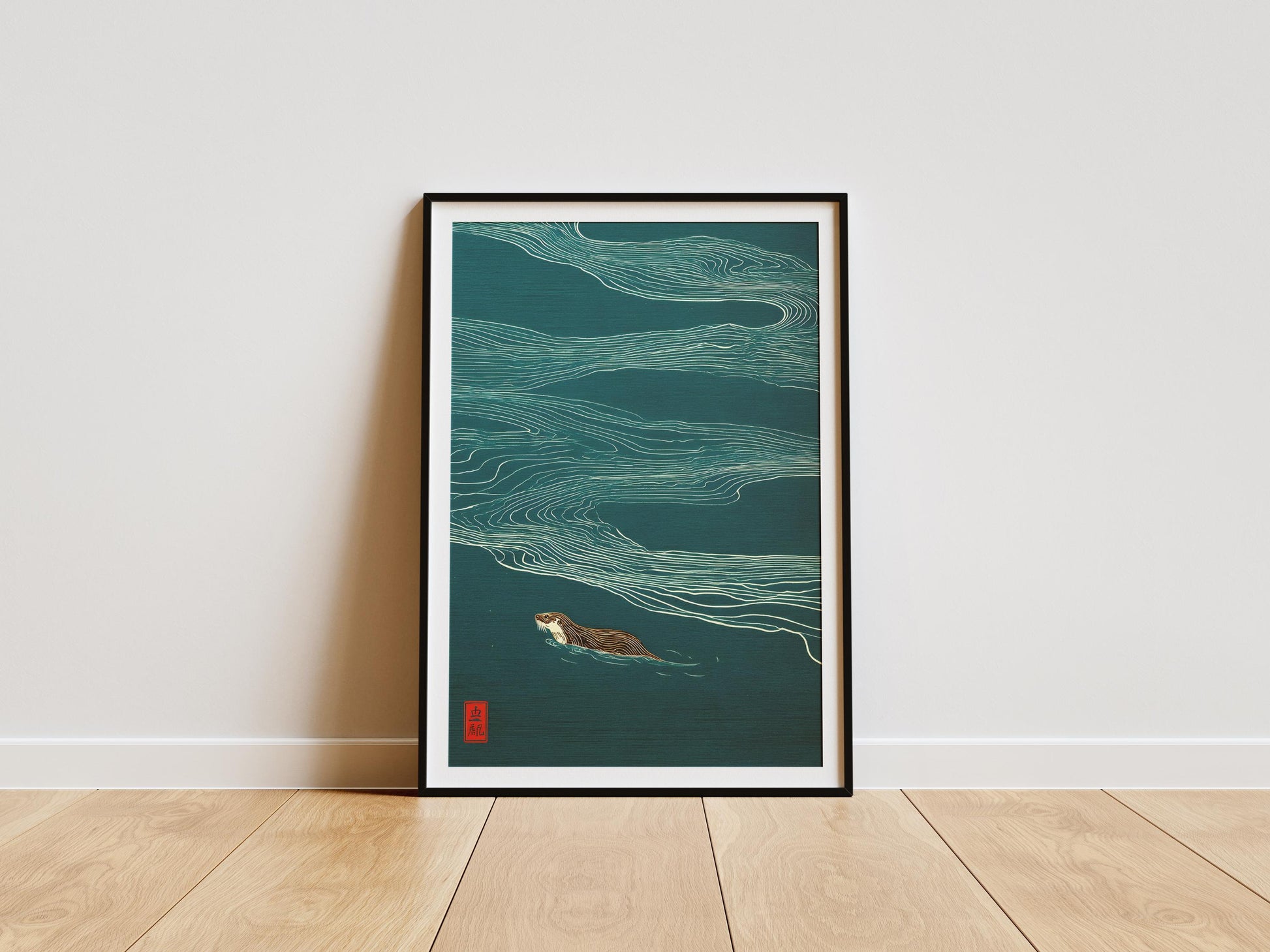 Minimalist otter wall art with flowing water lines on teal background in Japanese style
