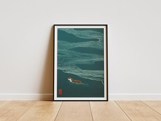 Minimalist otter wall art with flowing water lines on teal background in Japanese style