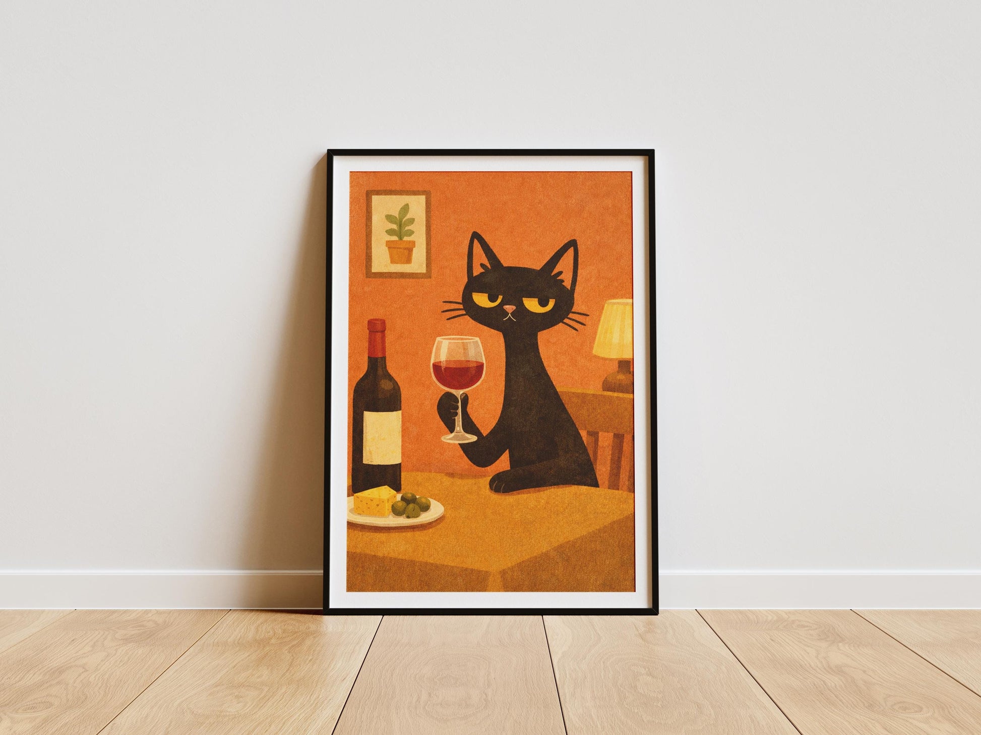 Black cat drinking wine wall art print with Mediterranean kitchen setting, featuring cheese, olives, and warm cozy tones
