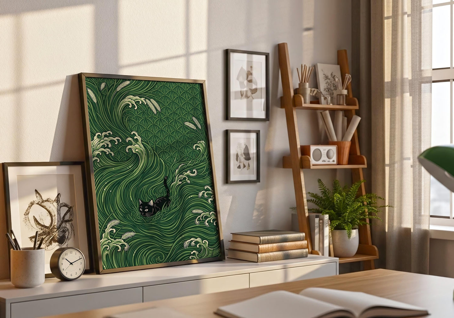 Black Cat Japanese Wave Art Print – Ukiyo-e Inspired Green Poster