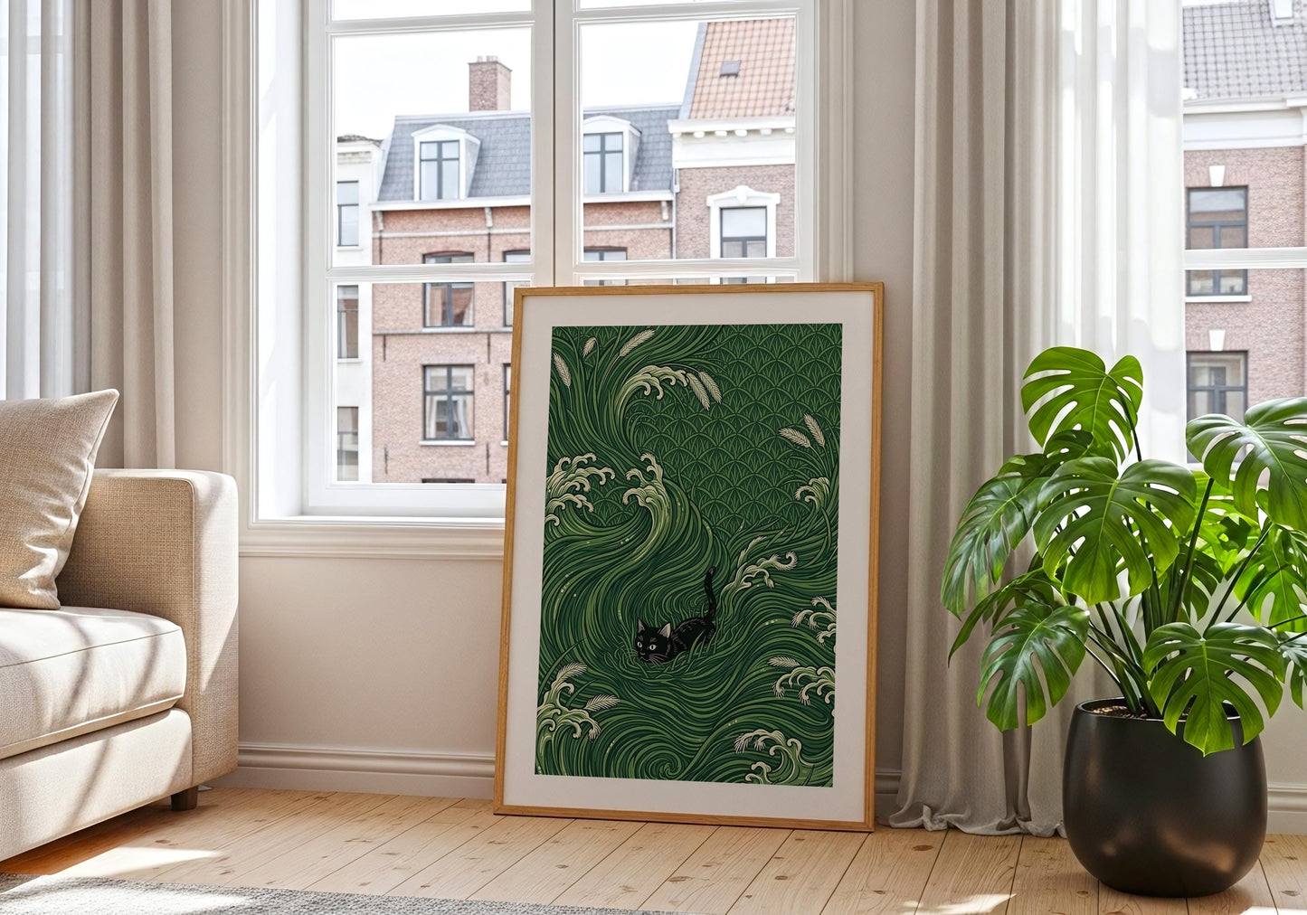Black Cat Japanese Wave Art Print – Ukiyo-e Inspired Green Poster