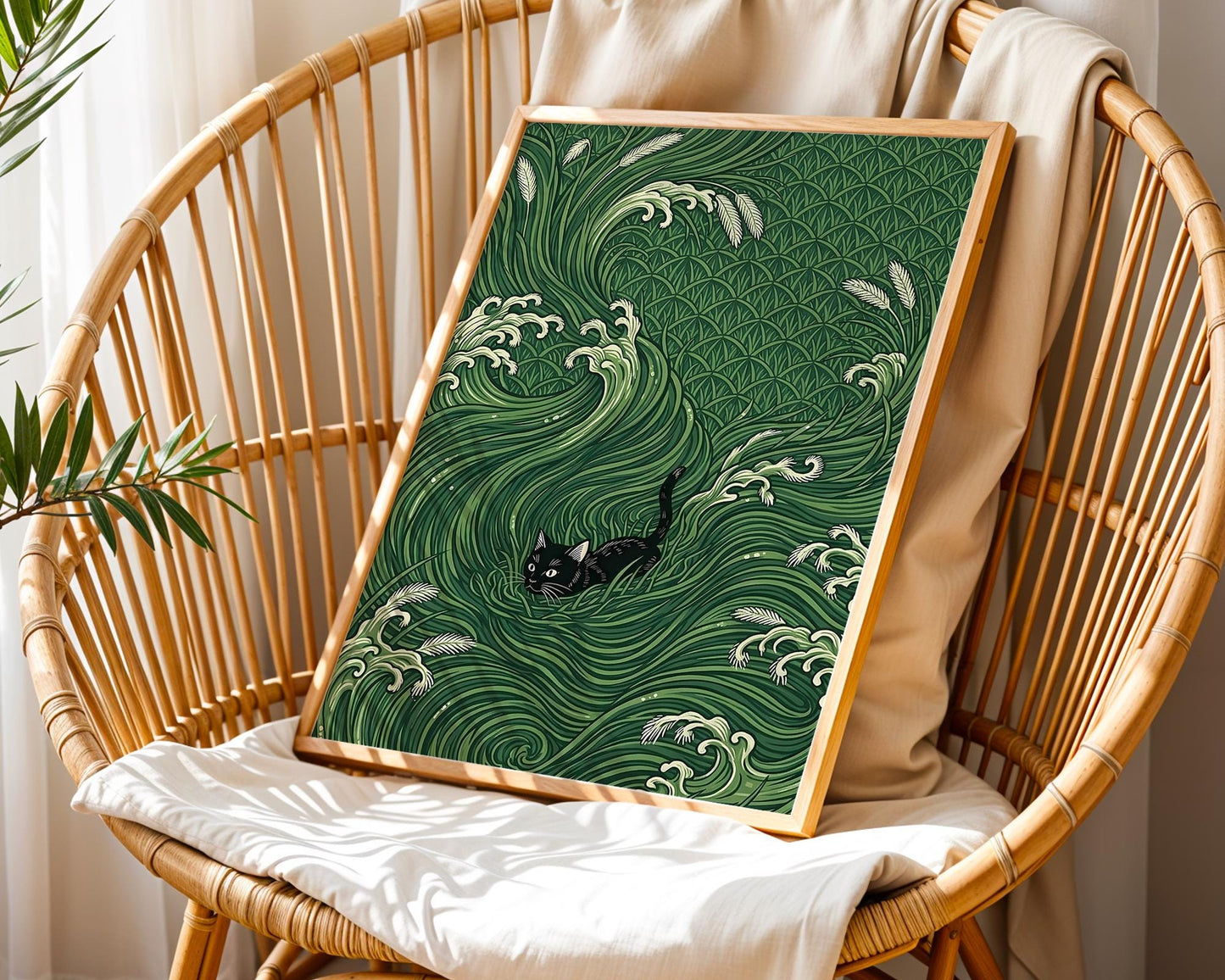Black Cat Japanese Wave Art Print – Ukiyo-e Inspired Green Poster