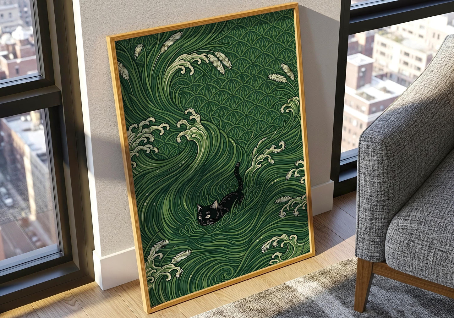 Black Cat Japanese Wave Art Print – Ukiyo-e Inspired Green Poster