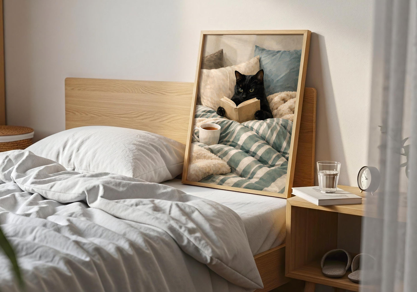 Minimalist cozy cat art print with pillows and tea, relaxing home decor