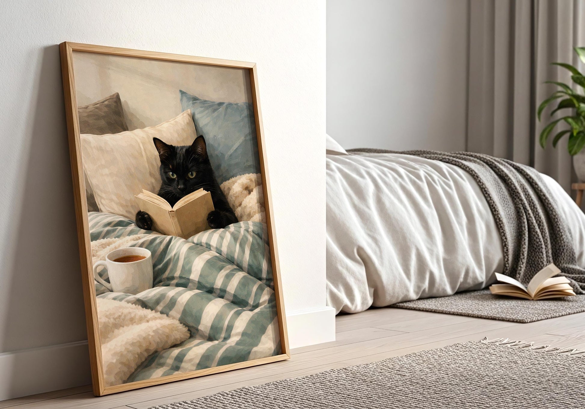 Black cat reading book wall art print, cozy bedroom decor for book lovers