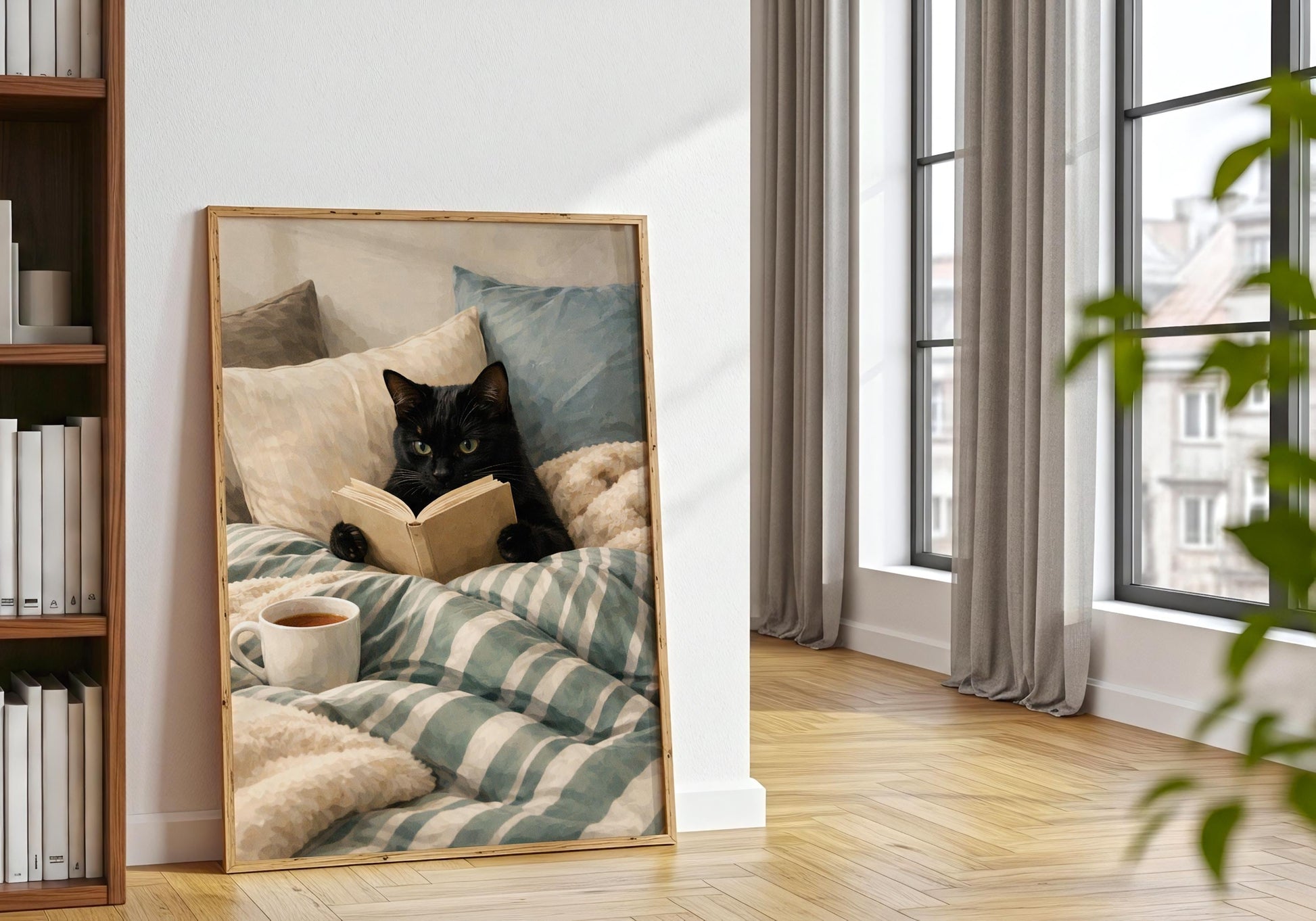 Cozy reading nook wall art with black cat and tea, hygge home aesthetic