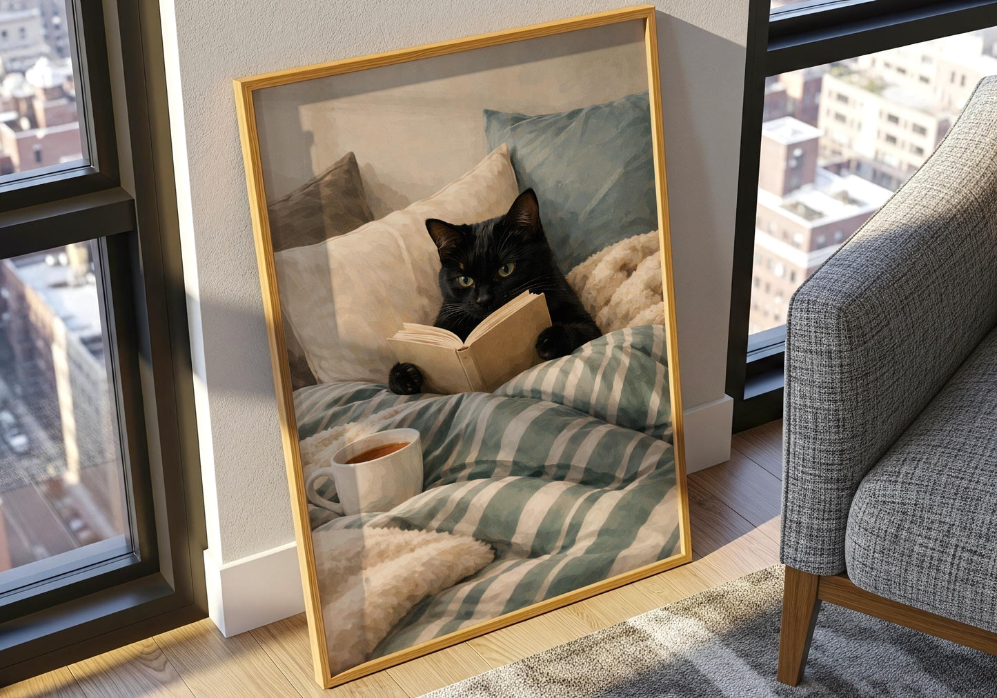 Reading cat wall art for bedroom or library, soft aesthetic decor