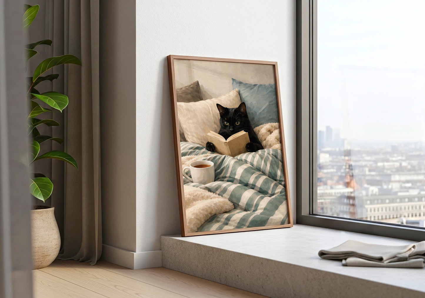 Book lover gift wall art with black cat reading in bed, cozy lifestyle print