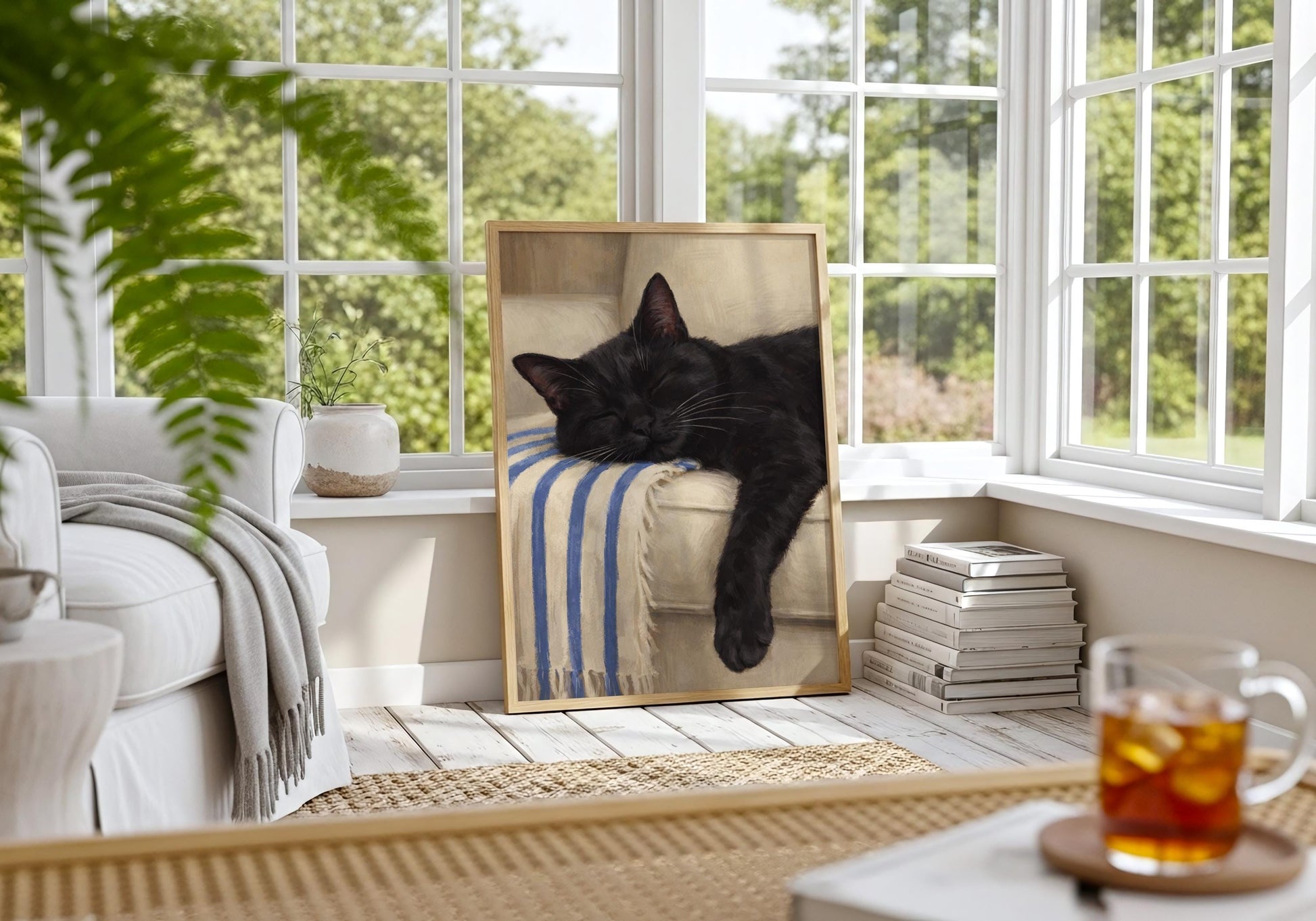 Black cat nap art print on sofa, calm home aesthetic wall decor