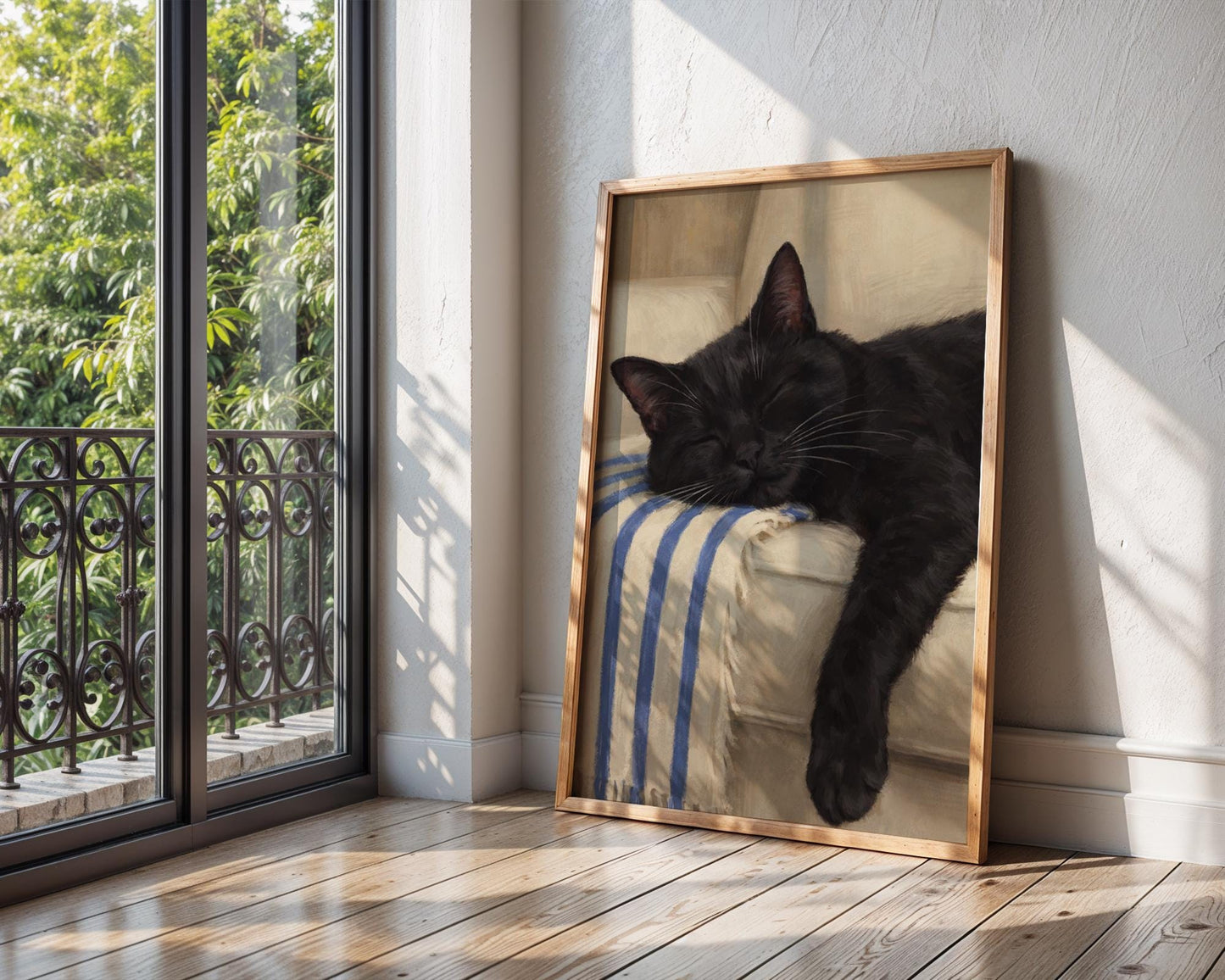 Peaceful cat nap wall art, calming interior decor with soft textures