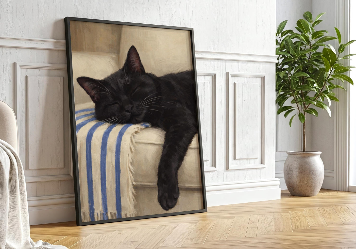 Sleeping black cat wall art print, cozy bedroom decor with relaxed cat illustration