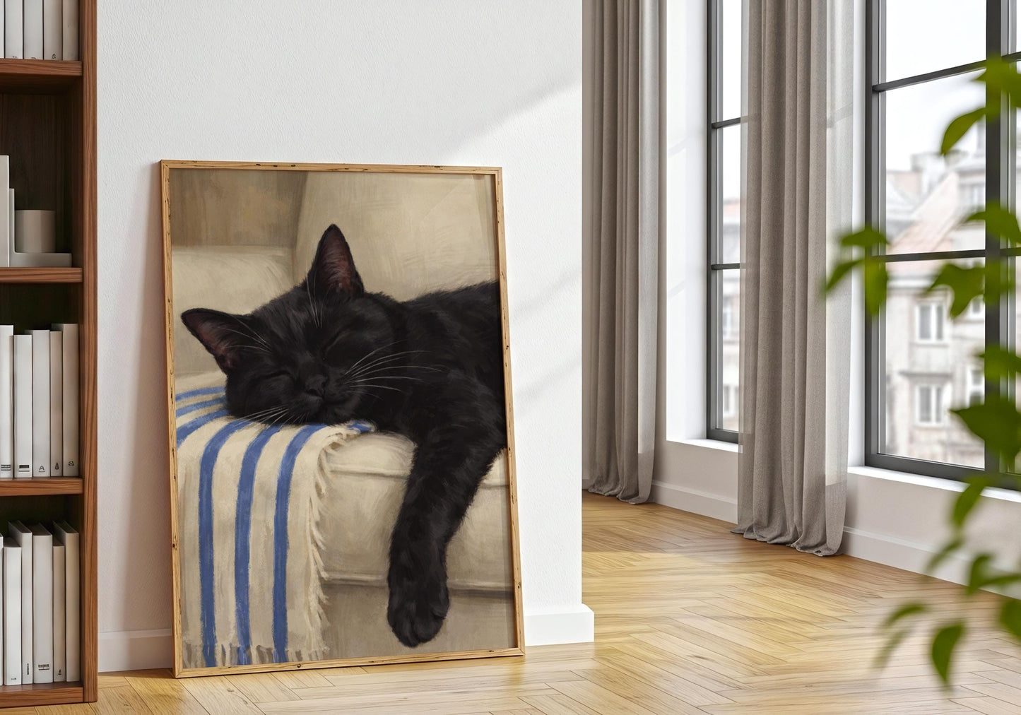 Cozy sleeping cat illustration print, hygge style living room decor
