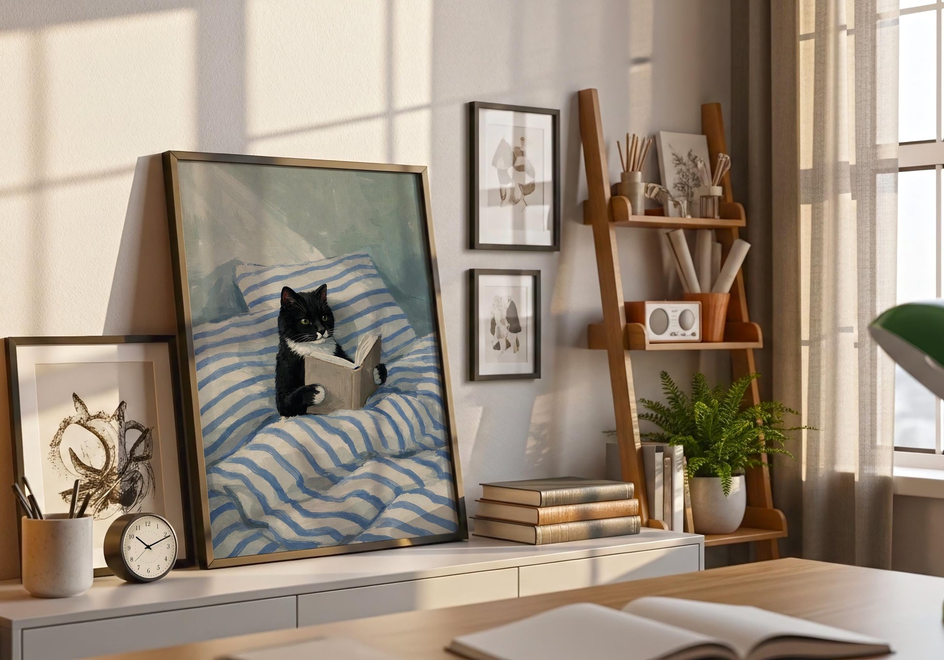 Cozy book lover wall art with cat reading in bed, hygge home decor