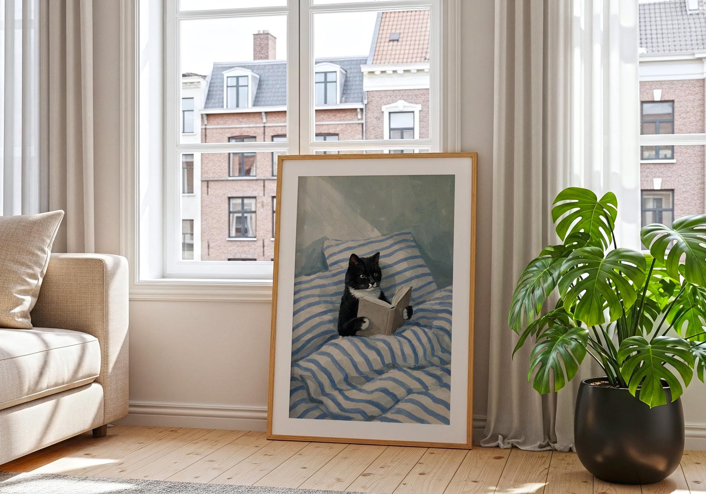 Cozy cat reading book wall decor, soft aesthetic interior artwork