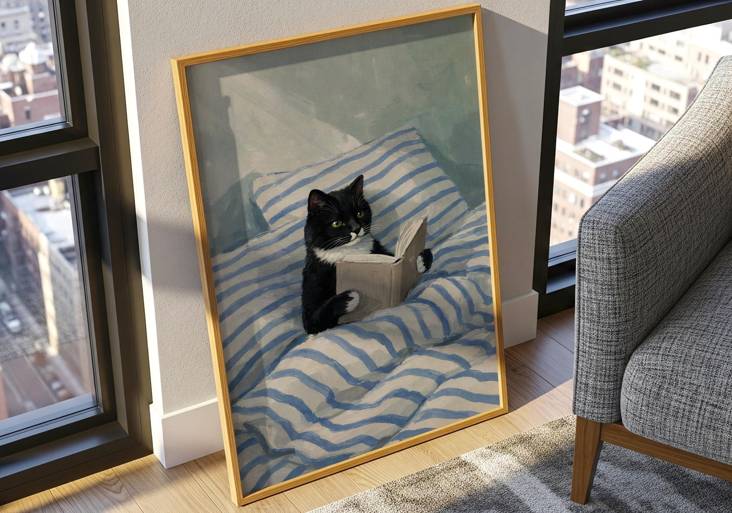 Literary cat illustration print, peaceful bedroom or reading nook decor