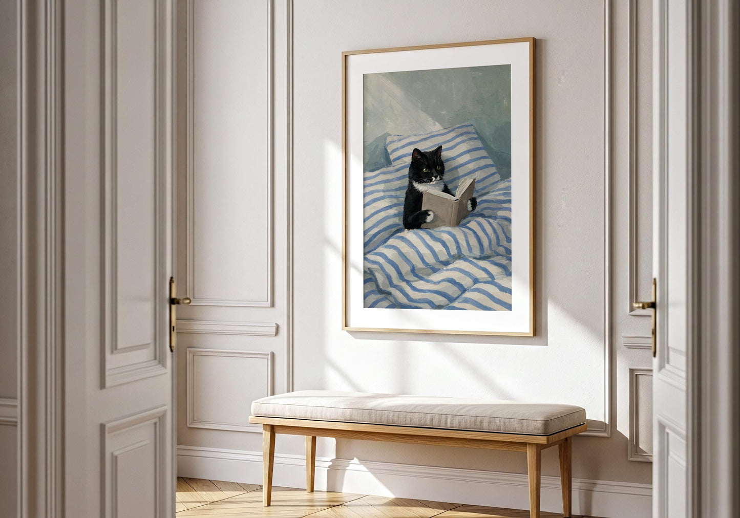 Relaxing reading cat print with striped bedding, calm home decor style